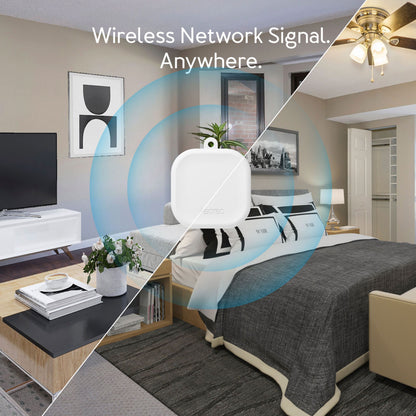 Aeotec Zigbee rækkeviddeforlænger, blå signalbølger, tekst: Trådløst netværkssignal overalt, kompatibel med Home Assistant.
