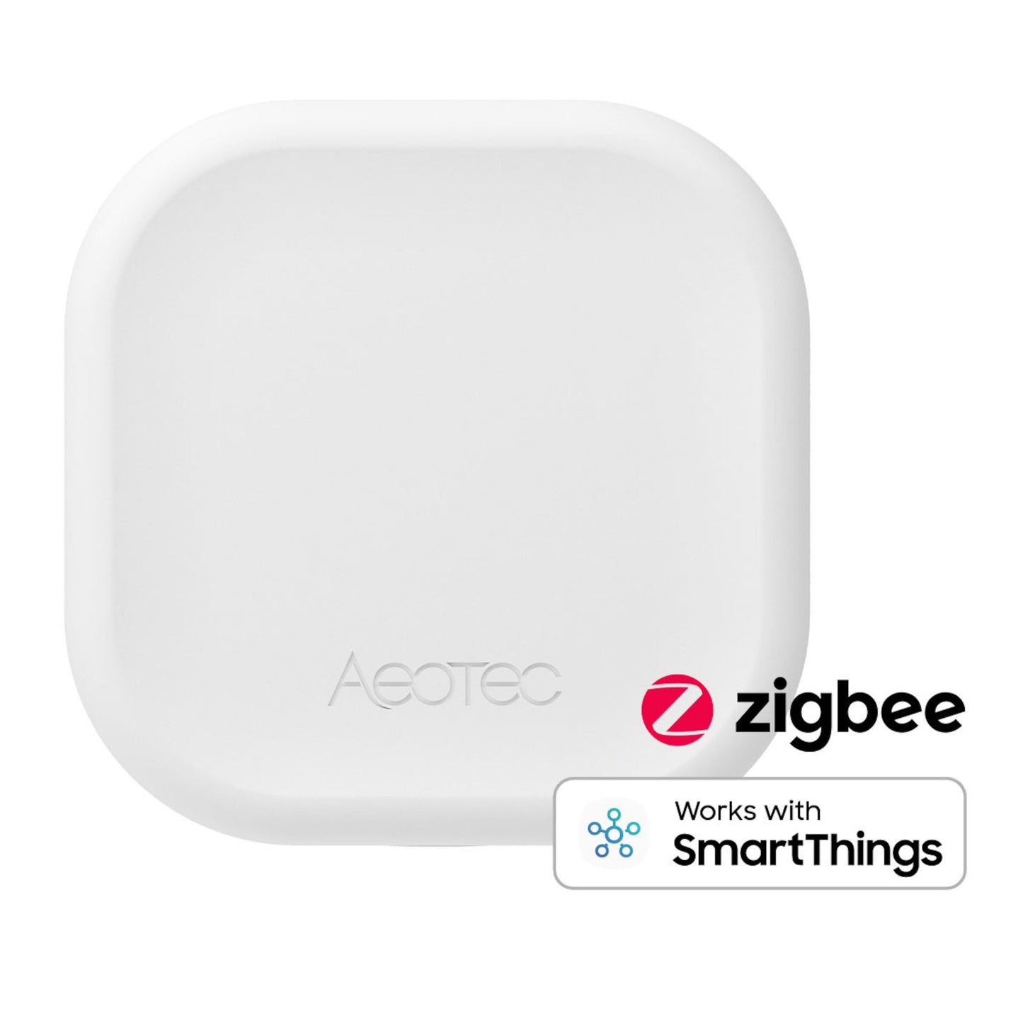 Aeotec Zigbee Rækkeviddeforlænger hvid, firkantet med afrundede hjørner, Zigbee 3.0 logo og Works with SmartThings mærke.