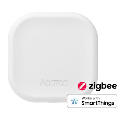 Aeotec Zigbee Rækkeviddeforlænger hvid, firkantet med afrundede hjørner, Zigbee 3.0 logo og Works with SmartThings mærke.