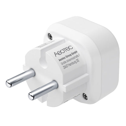 Aeotec Zigbee rækkeviddeforlænger hvid smart plug adapter med to runde EU-stik, Zigbee 3.0, Home Assistant, Aeotec-logo.