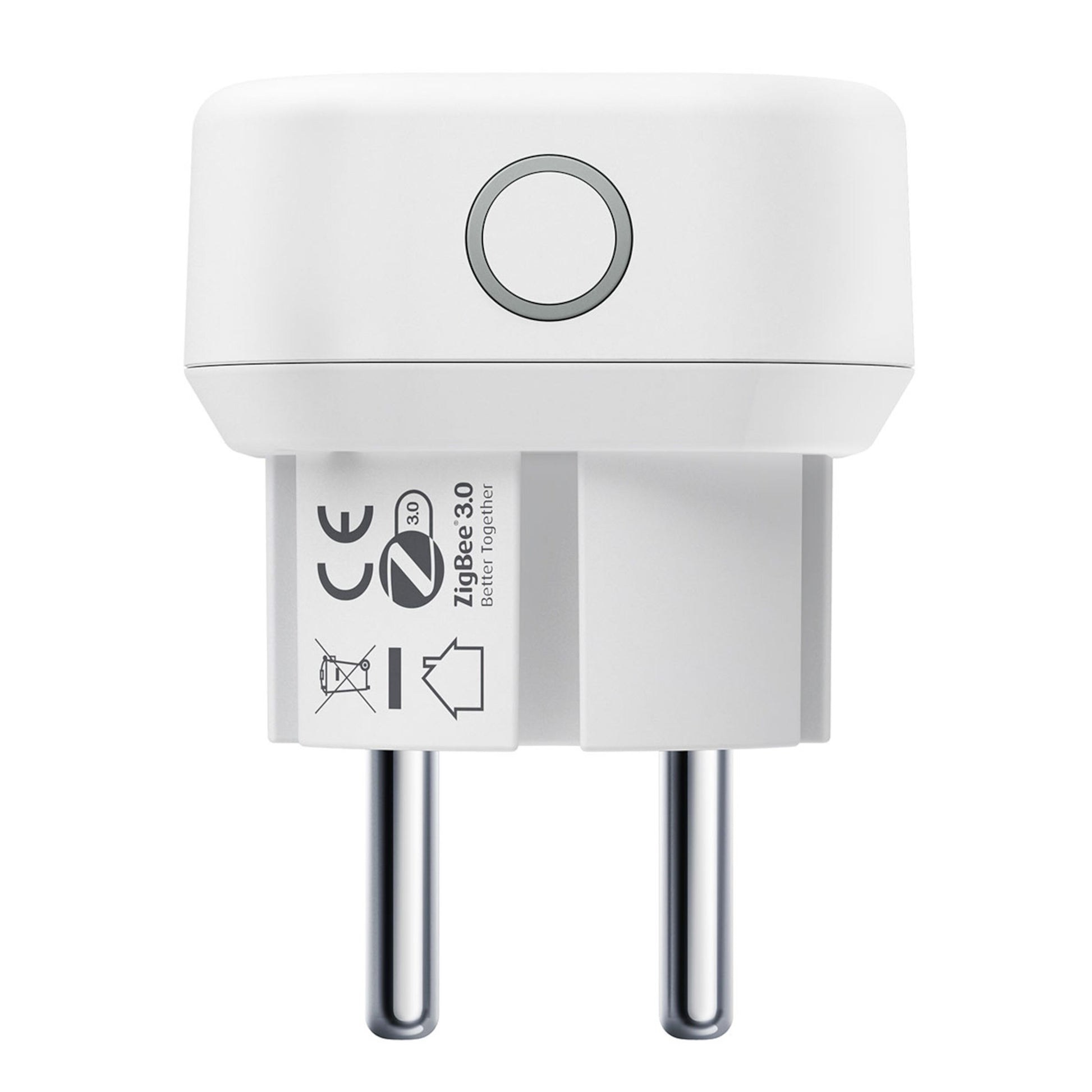Aeotec Zigbee rækkeviddeforlænger, hvid smart plug med rundt knap på toppen, EU stikben, certificeringsmærker, Zigbee 3.0.