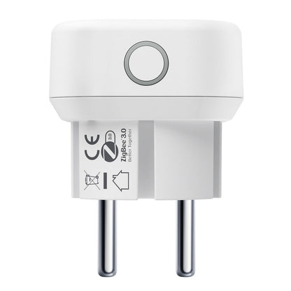 Aeotec Zigbee rækkeviddeforlænger, hvid smart plug med rundt knap på toppen, EU stikben, certificeringsmærker, Zigbee 3.0.