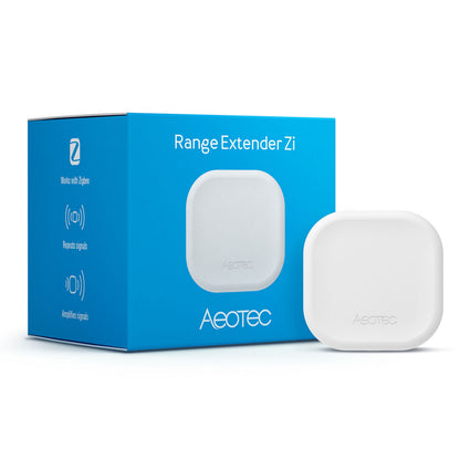 Aeotec Zigbee Rækkeviddeforlænger ved siden af blå og hvid æske, Zigbee 3.0 repeater, kompatibel med Home Assistant.