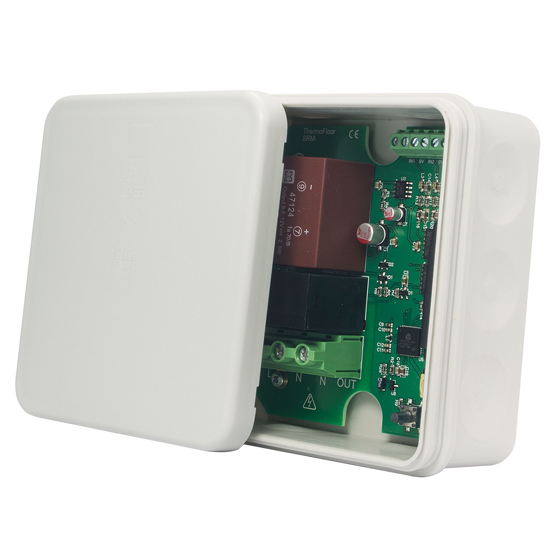 Heatit Z-Relay Z-Wave relæ 25A hvid plastkabinet, delvist åben låg med synligt grøn printplade og mærkede terminaler.