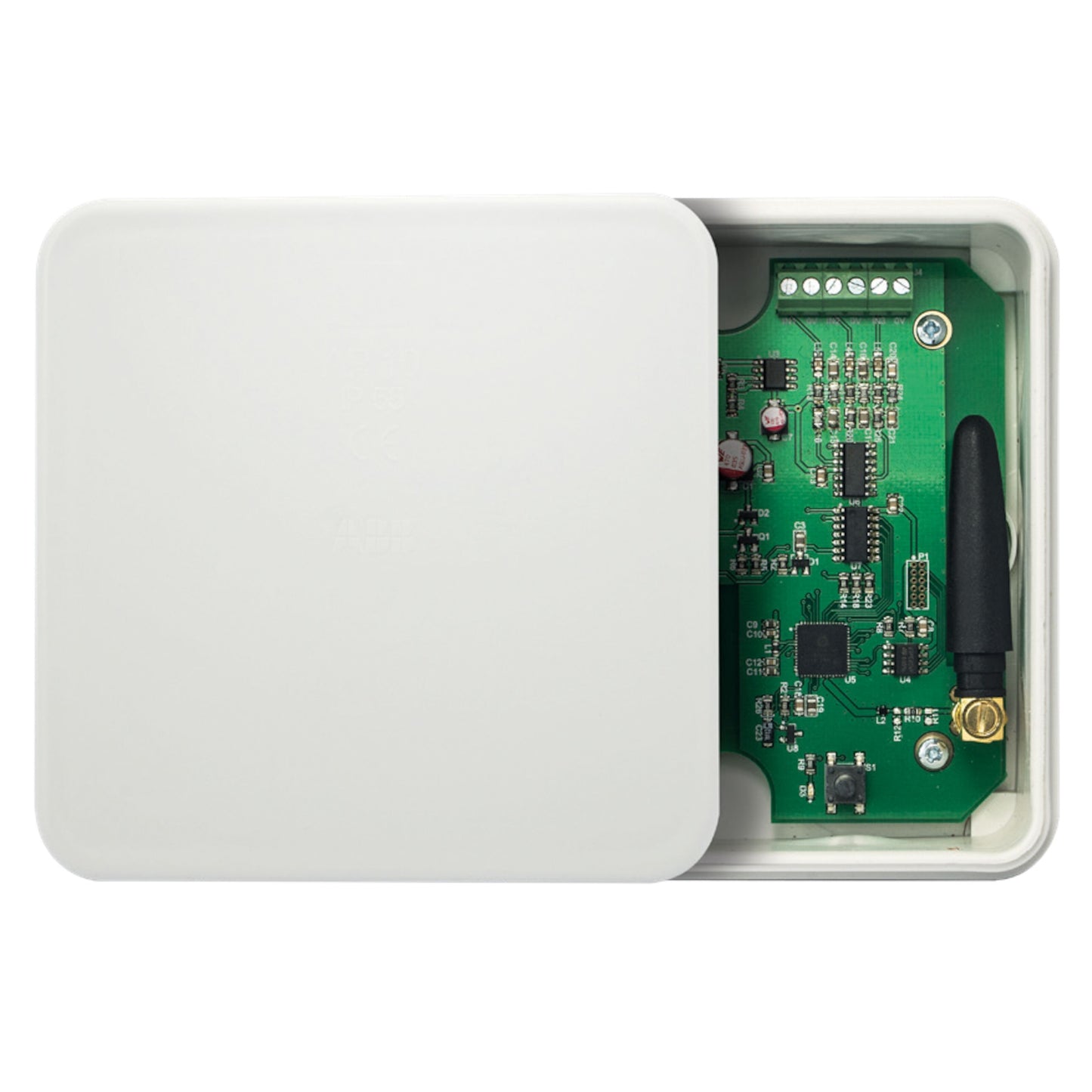 Heatit Z-Relay Z-Wave-relæ 25A hvid plastkabinet, åben med grøn printplade, elektronik og sort antenne.