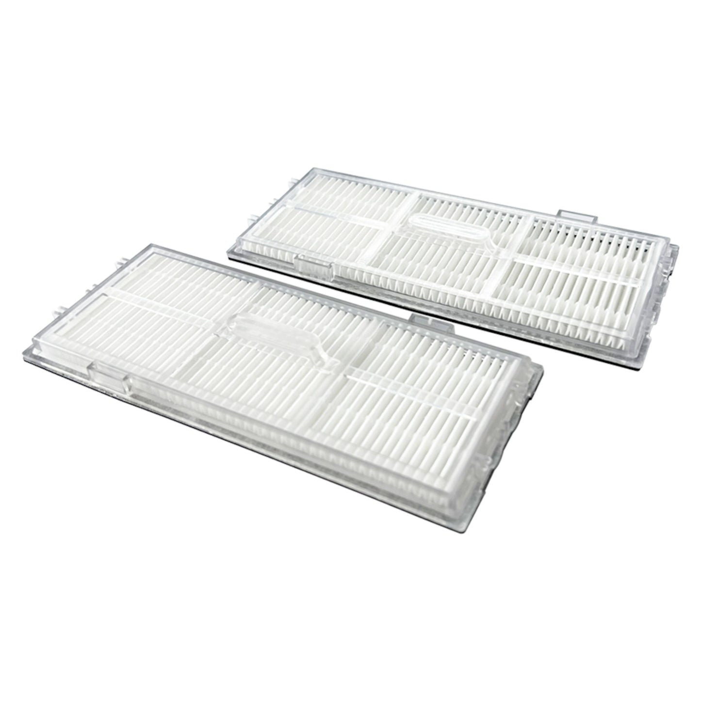 2 hvide rektangulære HEPA-filtre til Roborock støvsuger med plastramme og fine parallelle folder, placeret side om side.