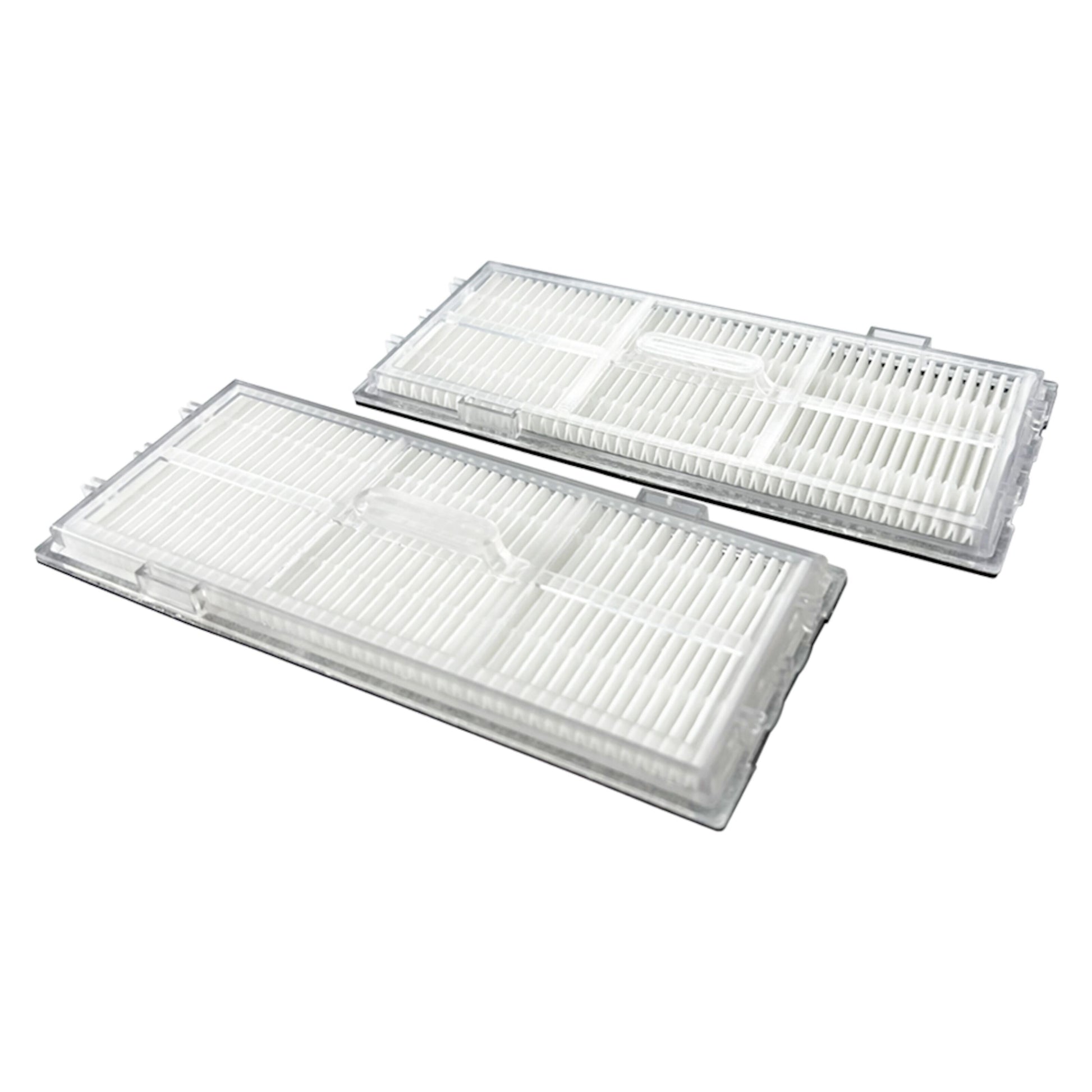 2 hvide rektangulære HEPA-filtre til Roborock støvsuger med plastramme og fine parallelle folder, placeret side om side.