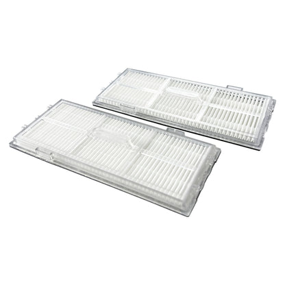 2 hvide rektangulære HEPA-filtre til Roborock støvsuger med plastramme og fine parallelle folder, placeret side om side.