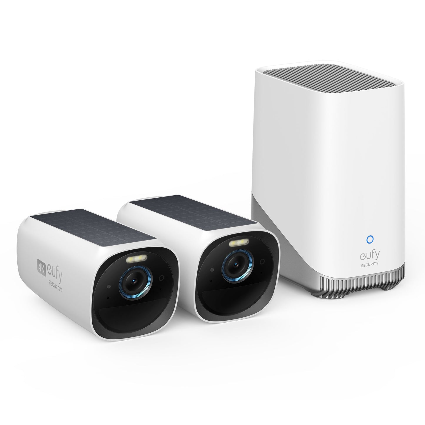 Eufy EufyCam 3 kit med solpanel, 2 kameraer og hvid basestation, trådløs 4K-overvågning.