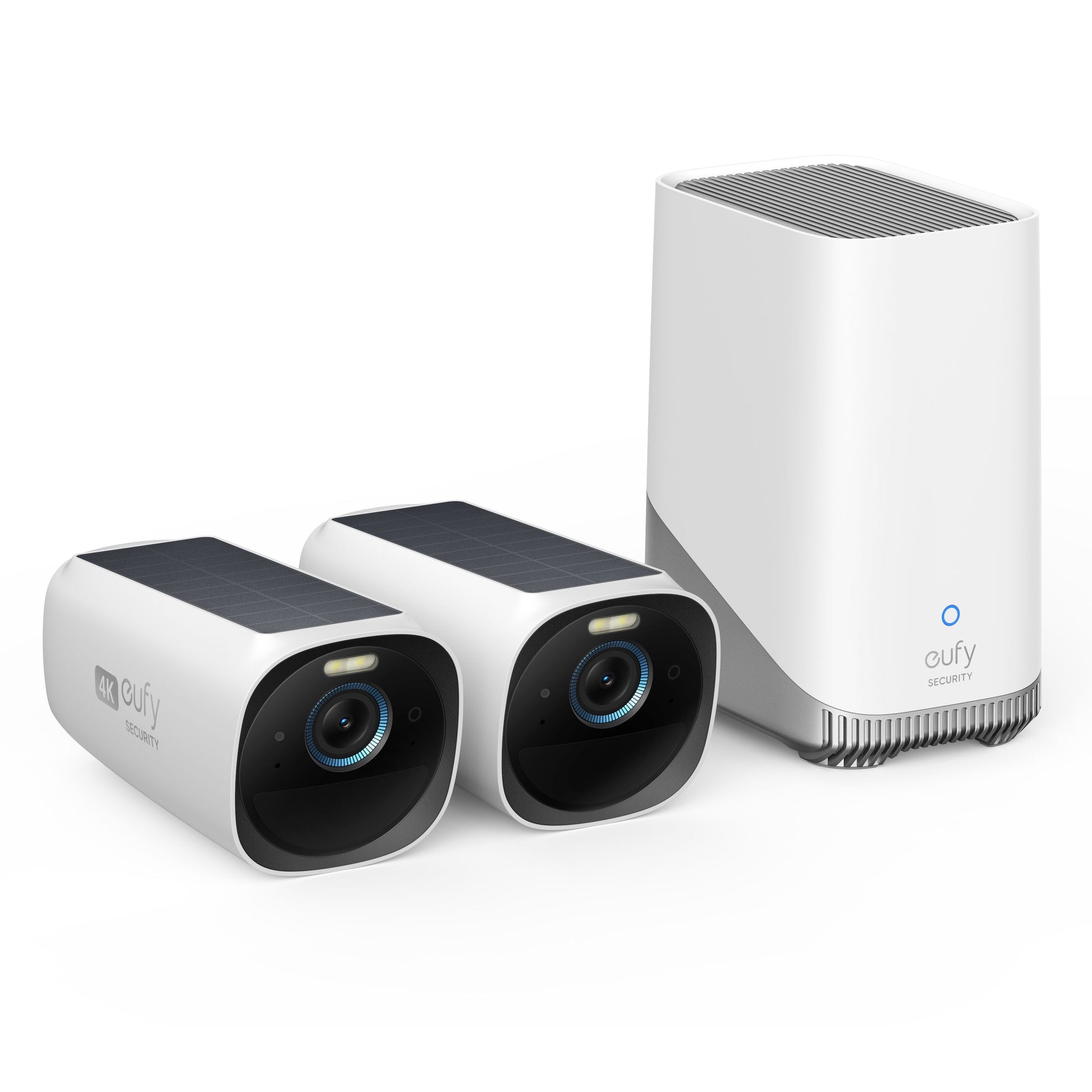 Eufy EufyCam 3 kit med solpanel, 2 kameraer og hvid basestation, trådløs 4K-overvågning.