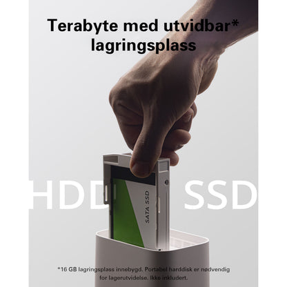 SATA SSD isættes hvid ekstern enhed til EufyCam 3 kit med solpanel 2 kameraer, tekst: Terabyte med utvidbar lagringsplass.