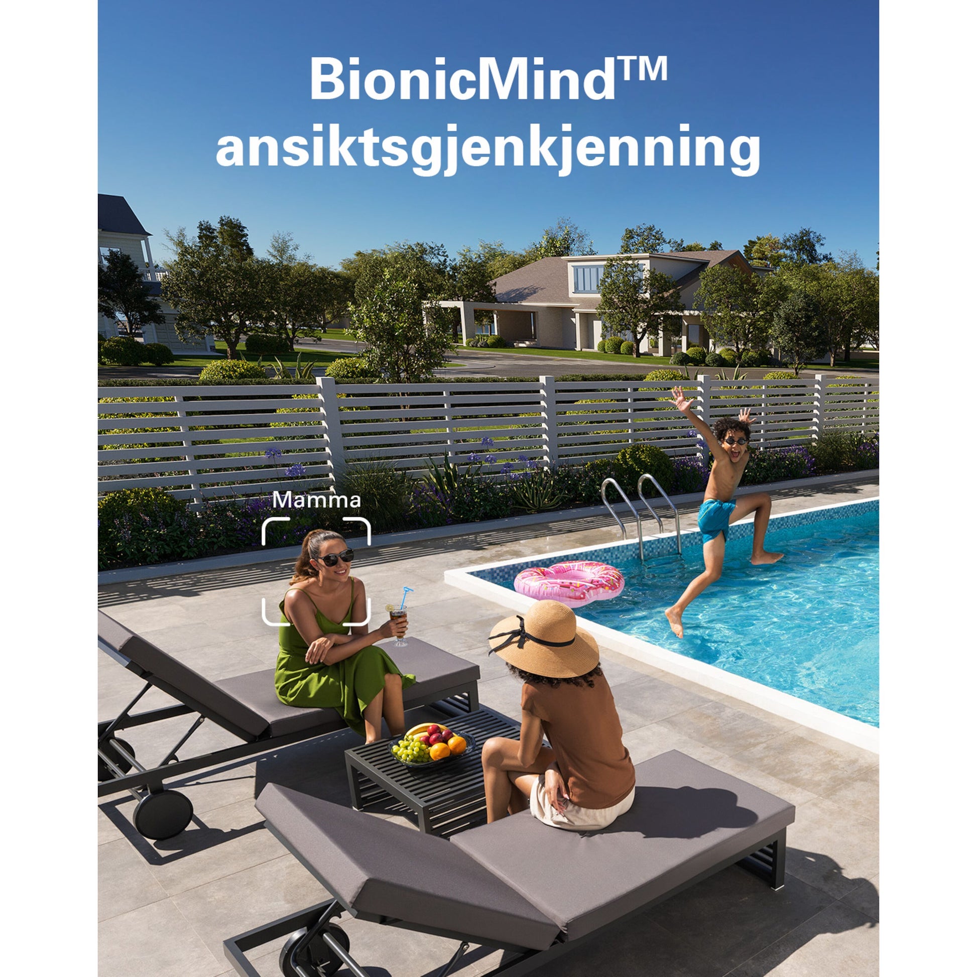 EufyCam 3 kit med solpanel, 2 kameraer, BionicMind™ ansigtsgenkendelse, tekst "Mamma" vises digitalt.