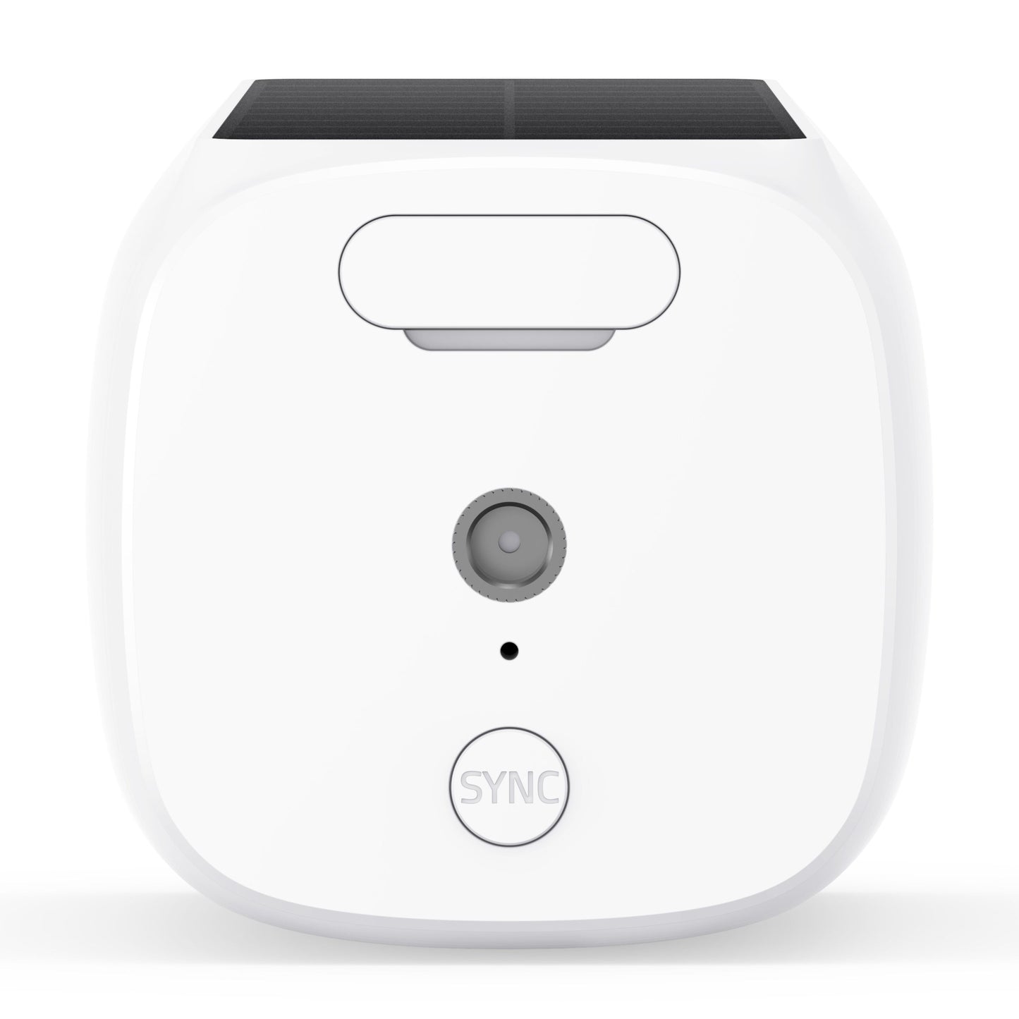 Eufy EufyCam 3 kit med 2 hvide kvadratiske trådløse 4K-kameraer, sort solpanel, SYNC-knap og bevægelsessensor.