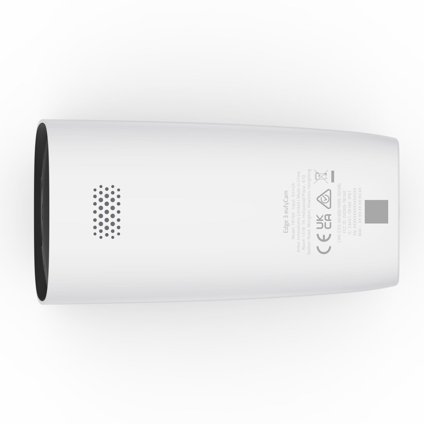 Eufy EufyCam 3 kit hvid cylinderformet, med solpanel og 2 kameraer, viser ventilationshuller og certificeringsmærker.