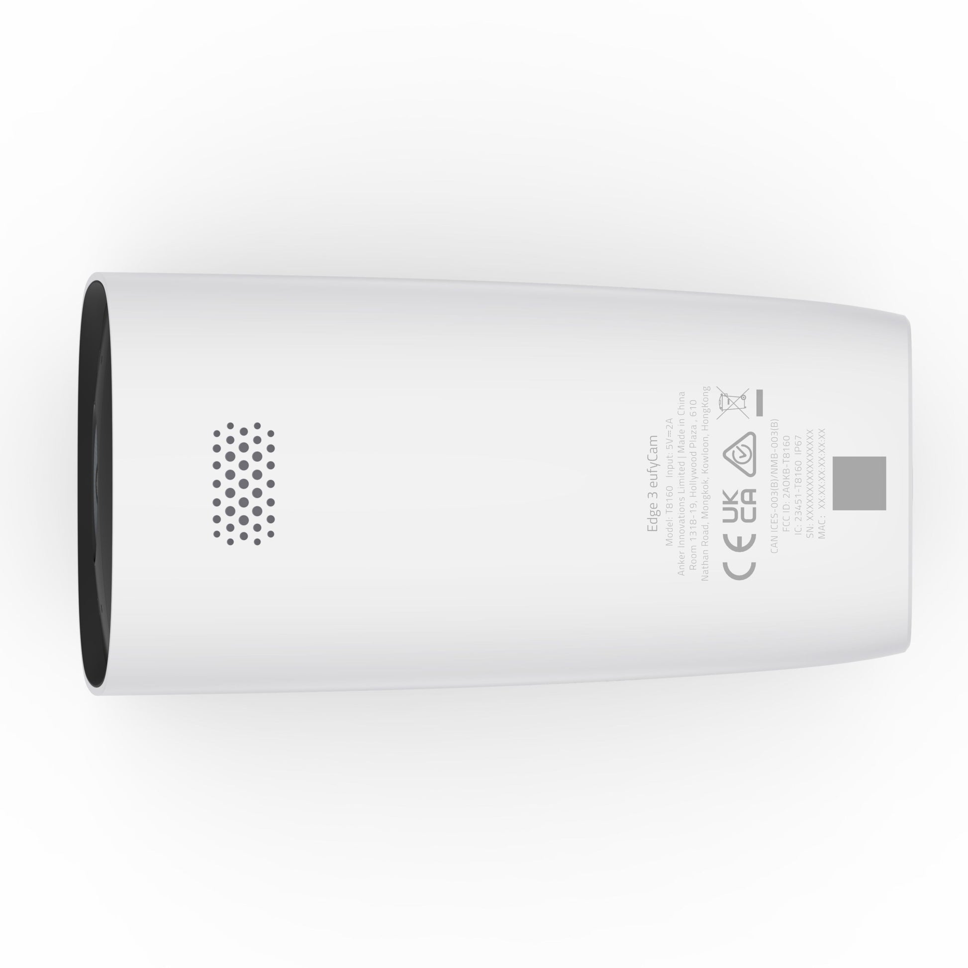 Eufy EufyCam 3 kit hvid cylinderformet, med solpanel og 2 kameraer, viser ventilationshuller og certificeringsmærker.