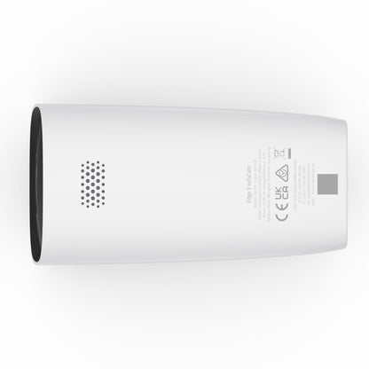 Eufy EufyCam 3 kit hvid cylinderformet, med solpanel og 2 kameraer, viser ventilationshuller og certificeringsmærker.