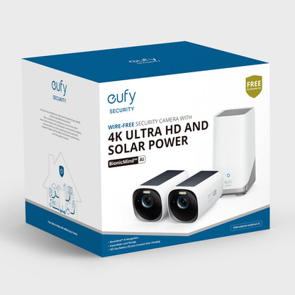 EufyCam 3 kit med solpanel, 2 sort-hvide kameraer, hvid basestation, tekst: trådløs 4K-overvågning og BionicMind AI.