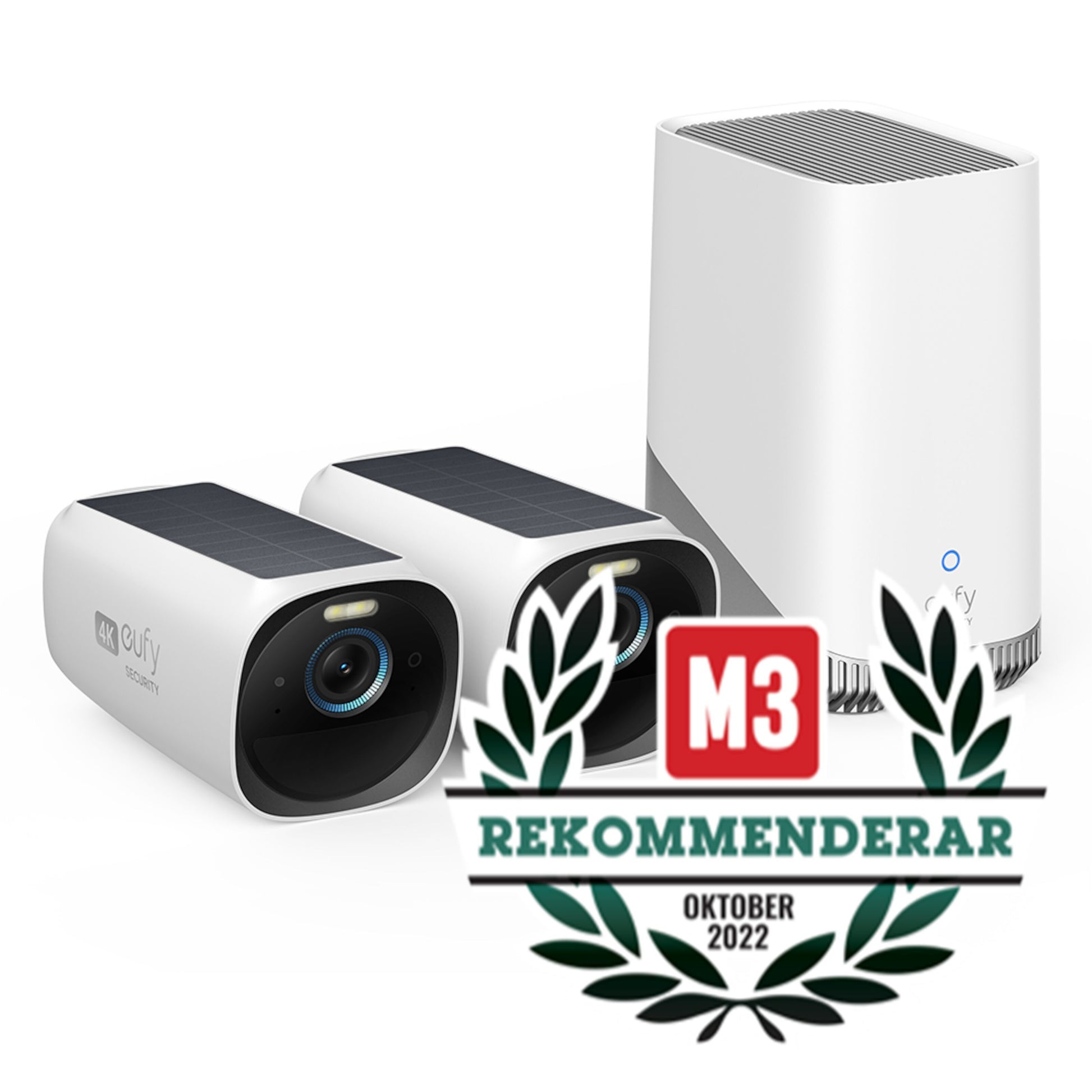 Eufy EufyCam 3 kit med solpanel, 2 trådløse 4K-kameraer, M3 Rekommenderar Oktober 2022 badge synligt.
