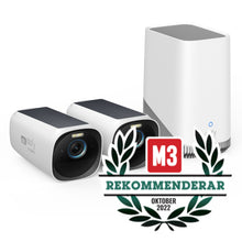Eufy EufyCam 3 kit med solpanel, 2 trådløse 4K-kameraer, M3 Rekommenderar Oktober 2022 badge synligt.