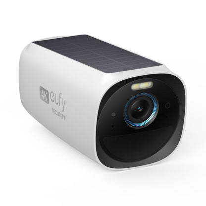 Eufy EufyCam 3 trådløst overvågningskamera 4K, afrundet rektangulært design, sort linse blå ring, LED og solpanel.