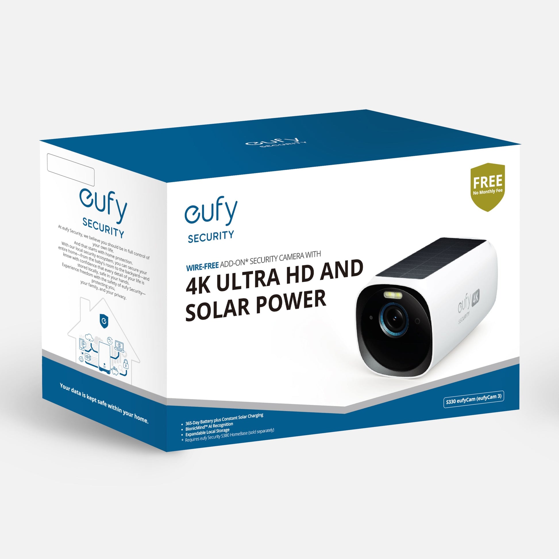 Eufy EufyCam 3 Ekstra kamera 1-pakke trådløst overvågningskamera, 4K opløsning, solcelle, produktinfo og placeringsdiagram.