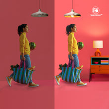 Wiz Amber Filament A60 Smart LED-pære E27 640 lm, oplyser rum med rødt væg, orange skab og SpaceSense-logo i app.
