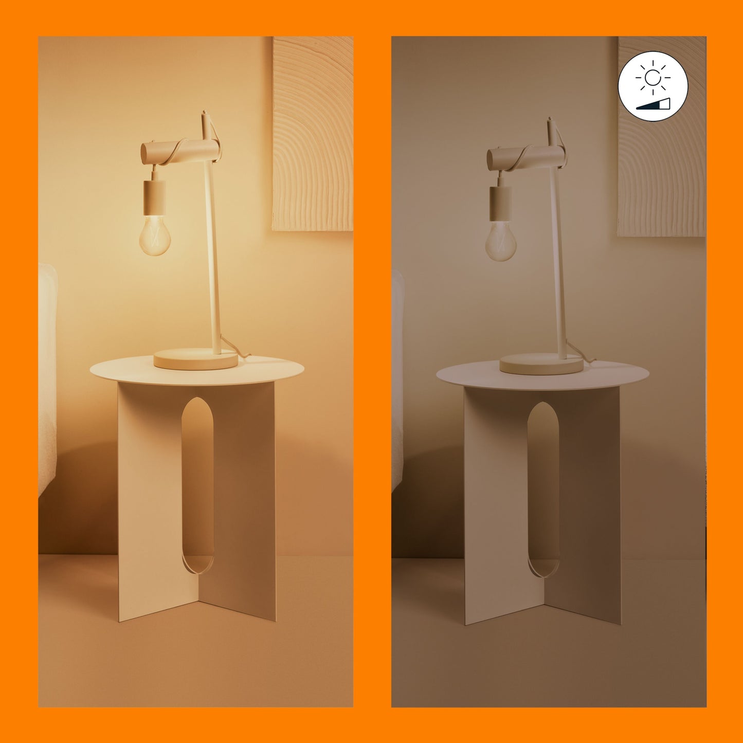 WiZ Amber Filament A60 Smart LED-pære E27 640 lm, sammenligning af lysstyrke, solikon øverst til højre.