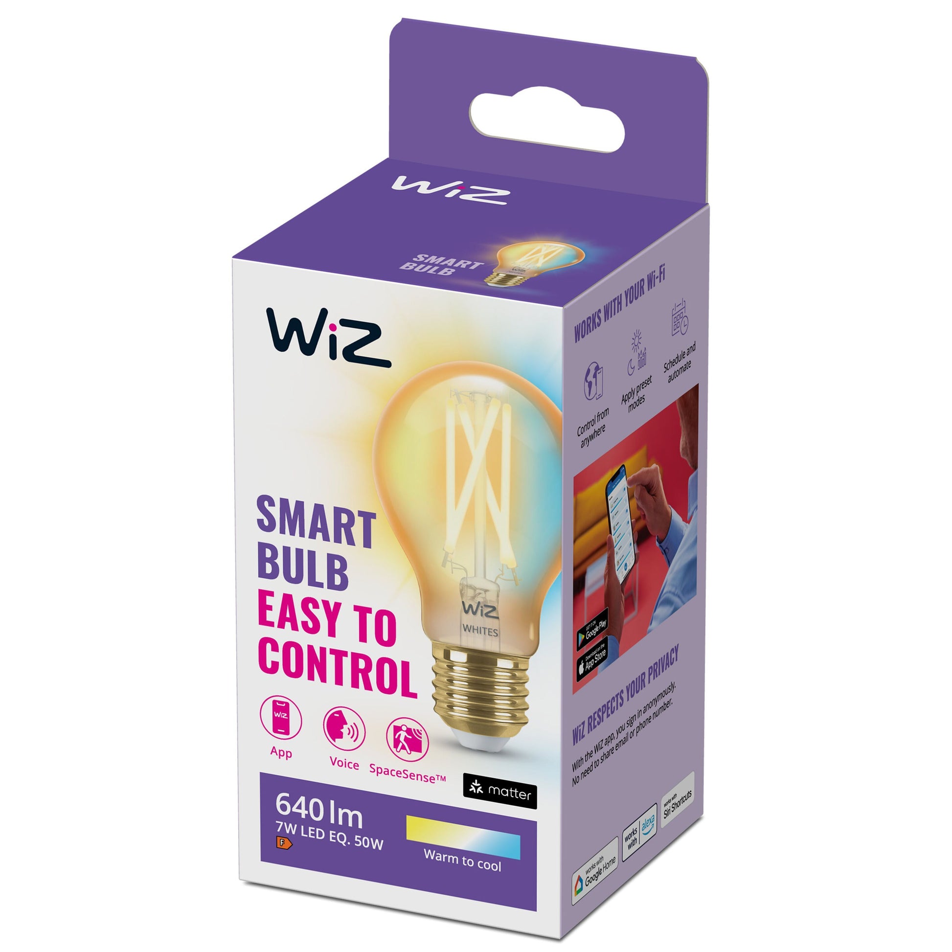 WiZ Amber Filament A60 Smart LED-pære E27 640 lm 7W Wi-Fi justerbar tone app- og stemmestyring æskevisning.