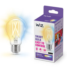 WiZ Klar A60 Smart LED-lampe E27 806 lm justerbar farvetemperatur ved lilla/hvid æske med funktioner og app-ikon.
