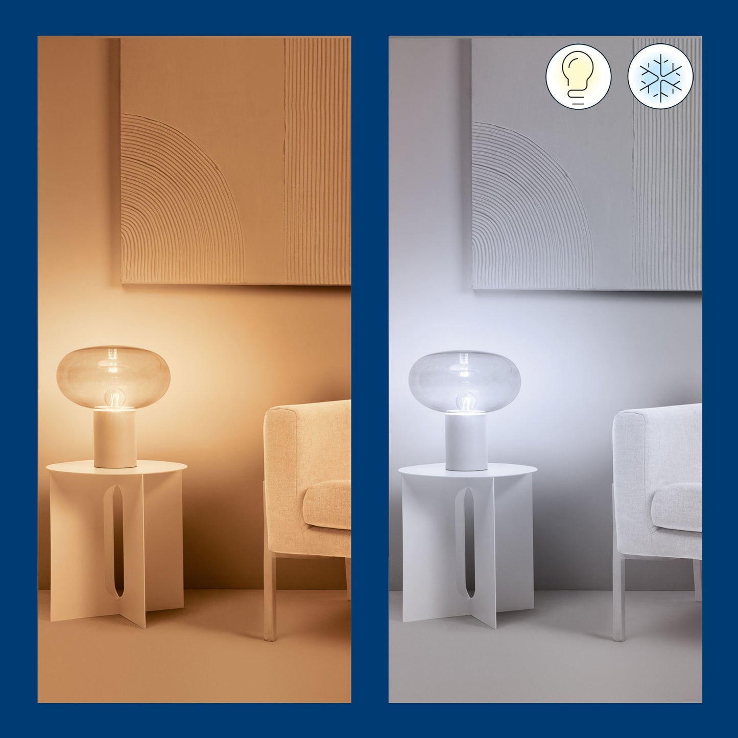 WiZ Klar pære A60 Smart LED-lampe E27 806 lm justerbar farvetemperatur varm til kold, lyspære- og snefnugikoner.