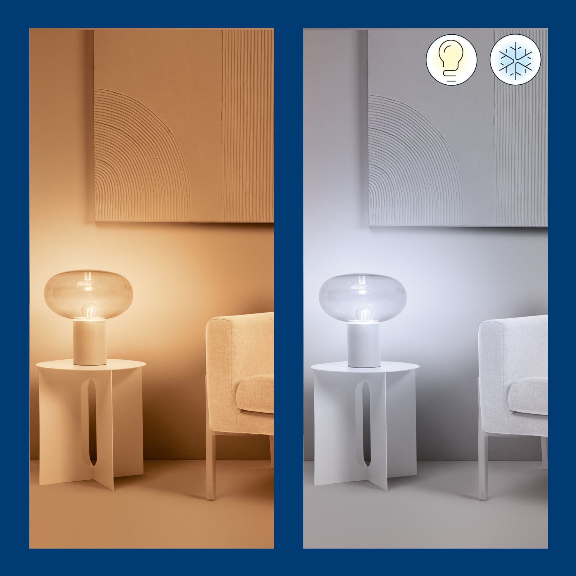 WiZ Klar pære A60 Smart LED-lampe E27 806 lm justerbar farvetemperatur varm til kold, lyspære- og snefnugikoner.