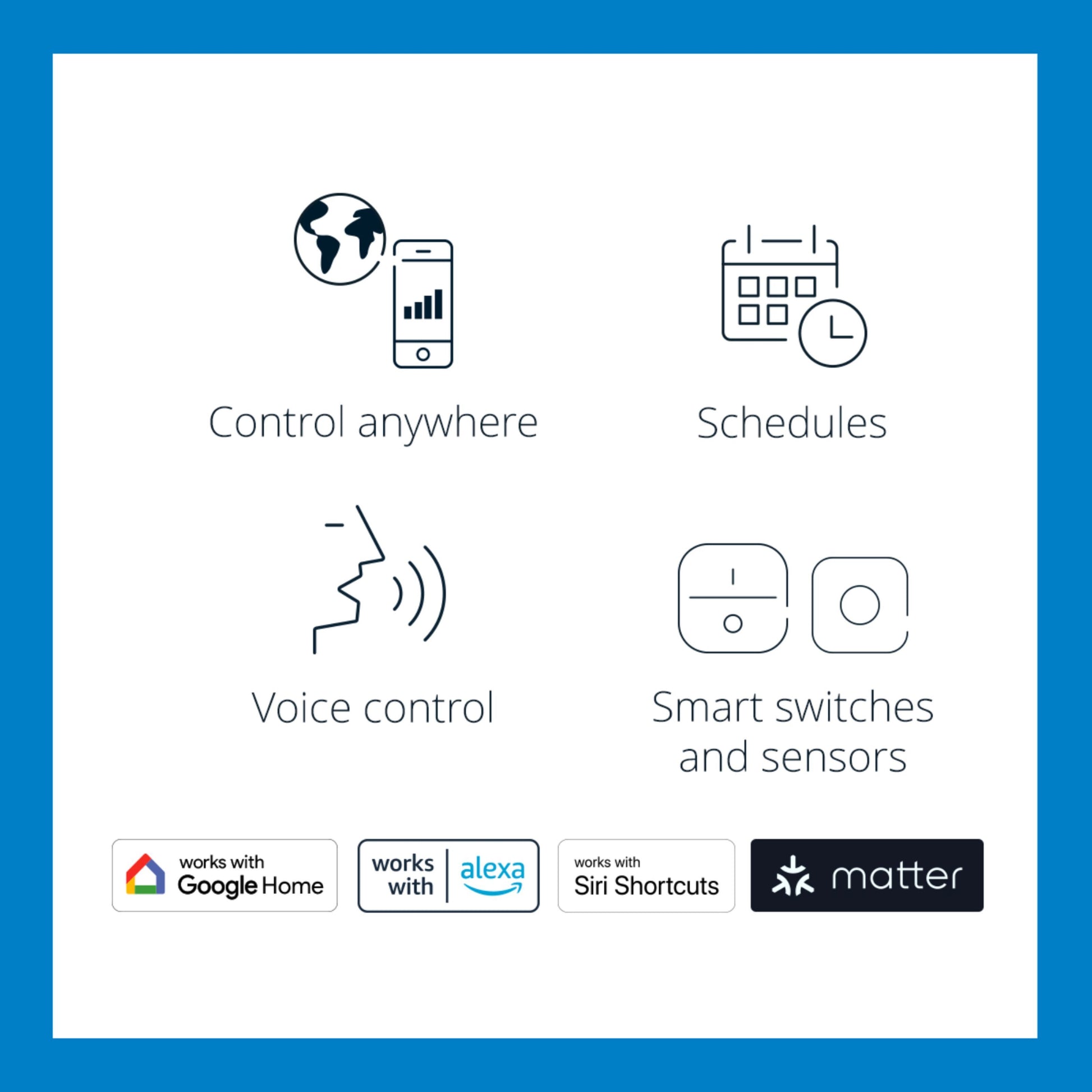 WiZ Klar pære A60 Smart LED-lampe E27 806 lm understøtter Google Home, Alexa, Siri Shortcuts og Matter, fire nøglefunktioner vises.