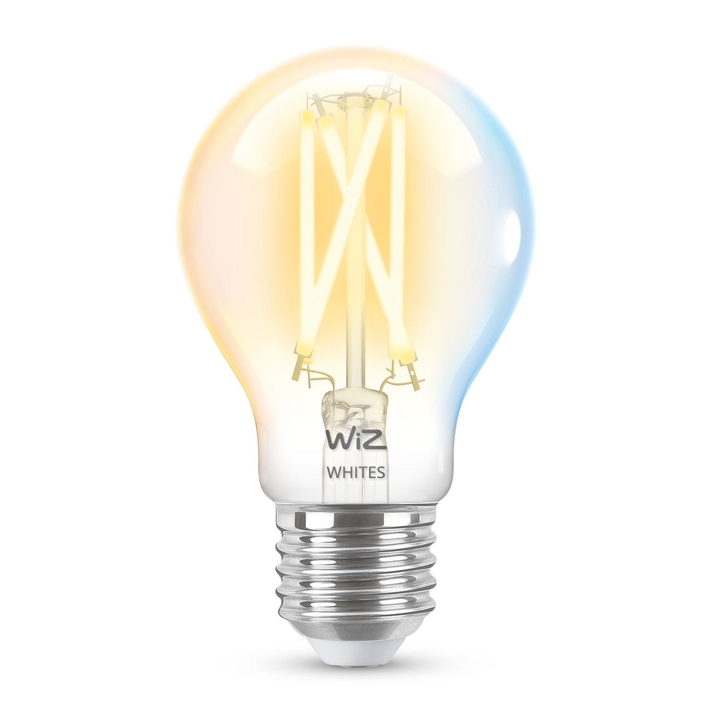 WiZ Klar pære A60 Smart LED-lampe E27 806 lm, justerbar farvetemperatur, "WiZ WHITES" synligt på soklen.