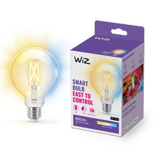 Wiz G95 Klar Filament Smart LED-pære E27 806 lm ved siden af lilla/hvid æske, justerbar hvidtone, dæmpbar.