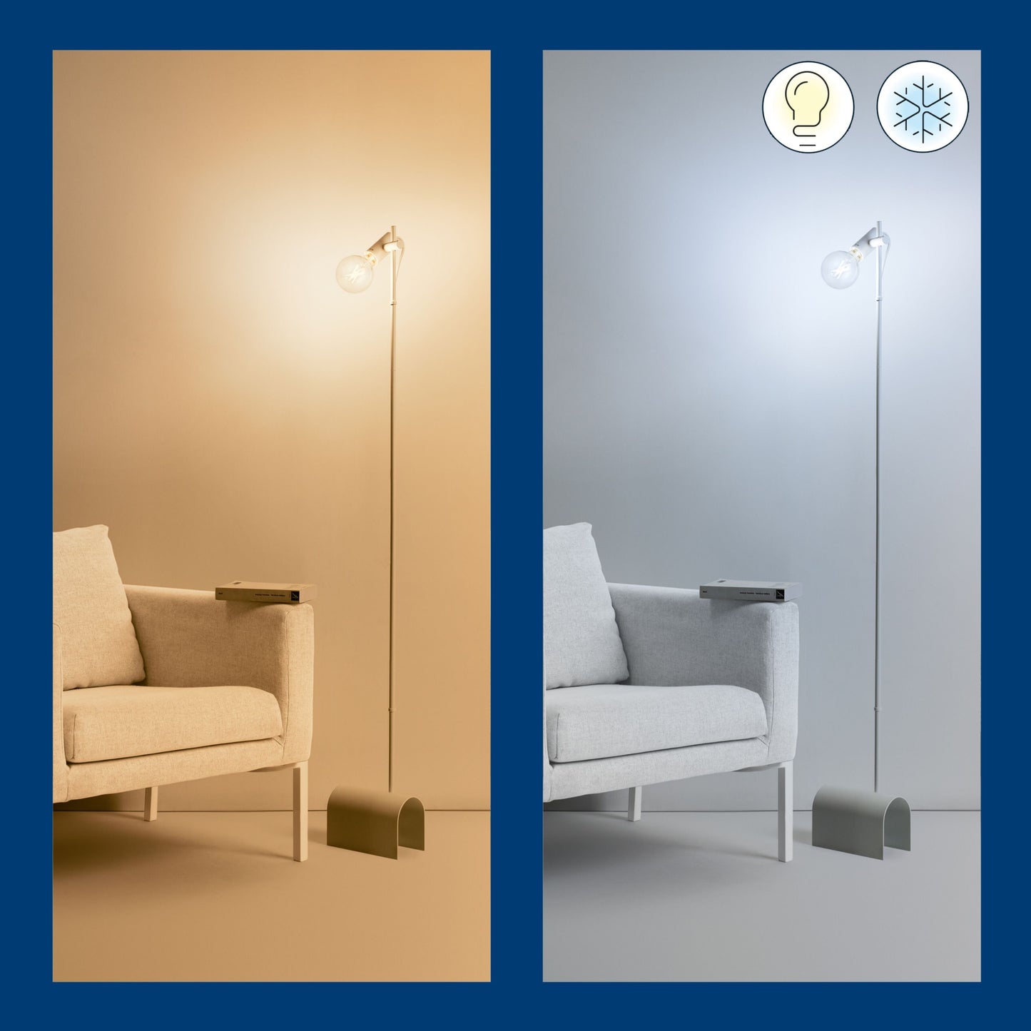 Wiz Klar Filament G95 Smart LED-pære E27 806 lm ved stol, viser varm hvidt og køligt hvidt lys side om side.
