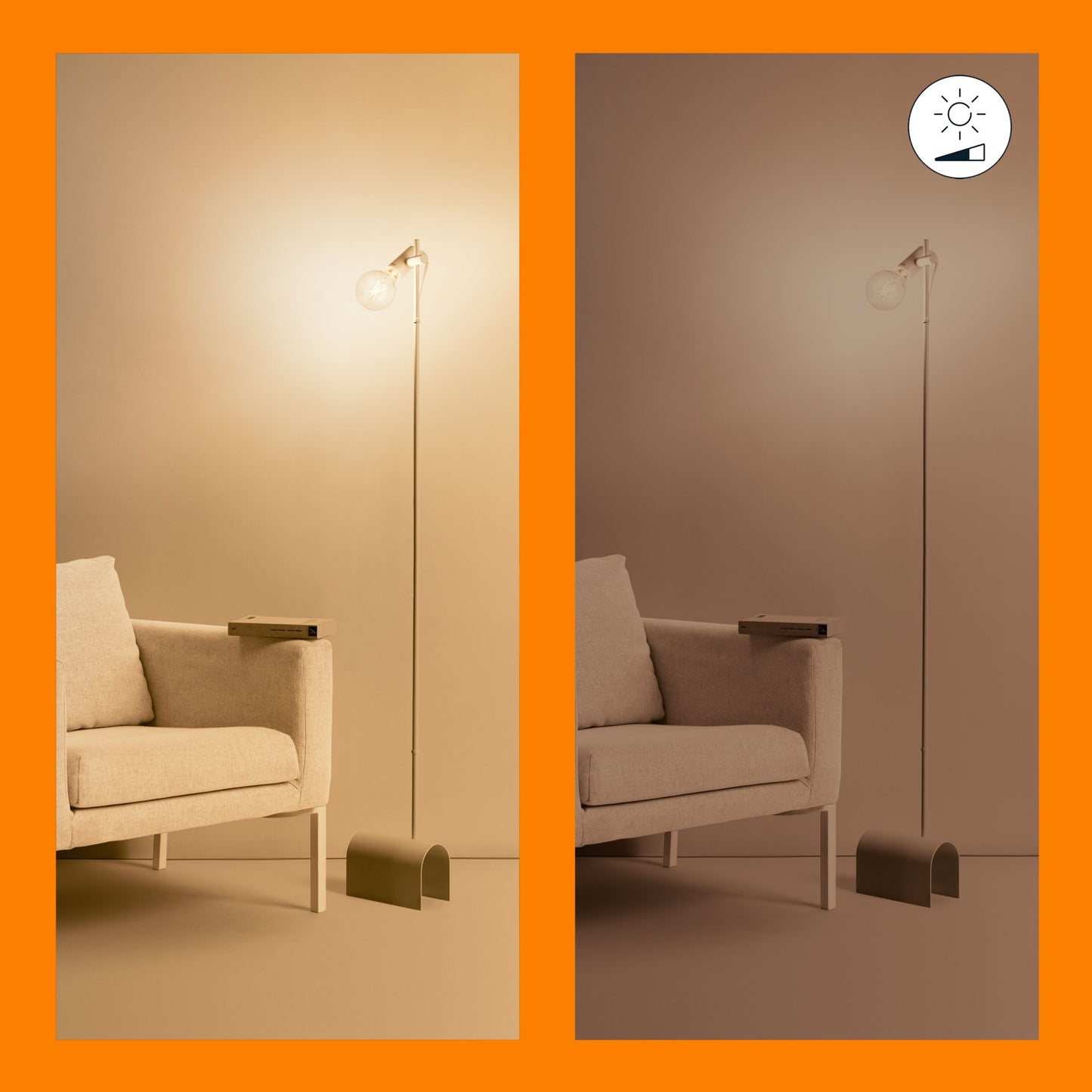 Wiz Klar Filament G95 Smart LED-pære E27 806 lm vises i to lysstyrker, ikon med pære og højttaler øverst til højre.