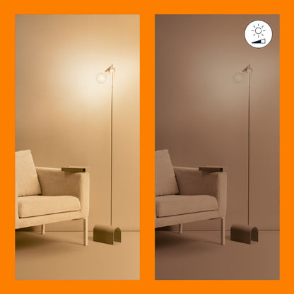 Wiz Klar Filament G95 Smart LED-pære E27 806 lm vises i to lysstyrker, ikon med pære og højttaler øverst til højre.