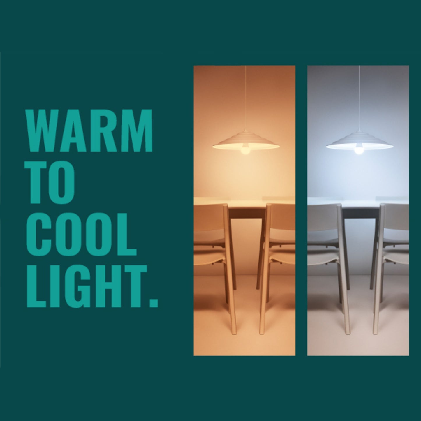 WiZ Klar Filament G95 Smart LED-pære E27 806 lm over spisebord, varm og kold hvid, tekst: VARMT TIL KOLDT LYS.