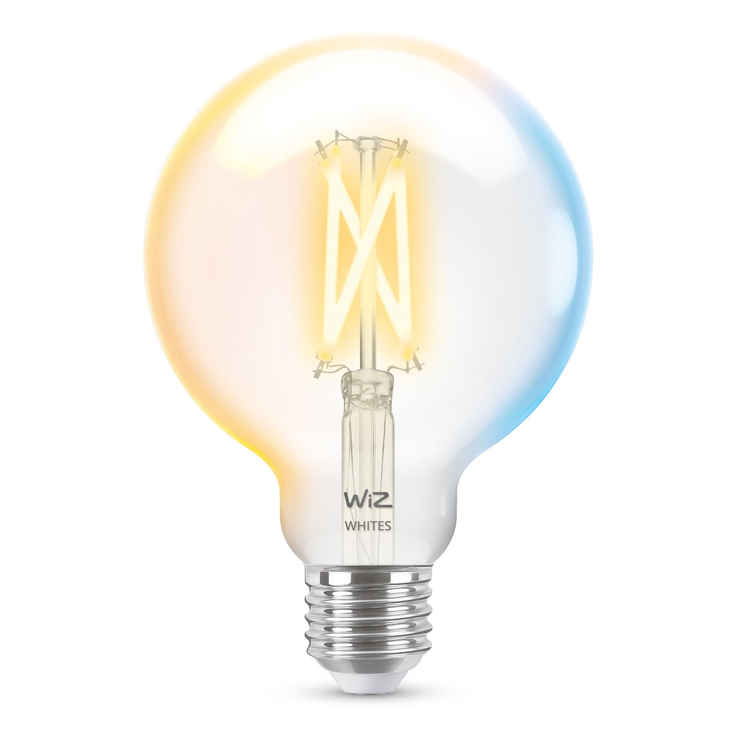 WiZ Klar Filament G95 Smart LED-pære E27 806 lm, klar rund pære med synlig filament, sølvfatning, "WiZ WHITES"-print.