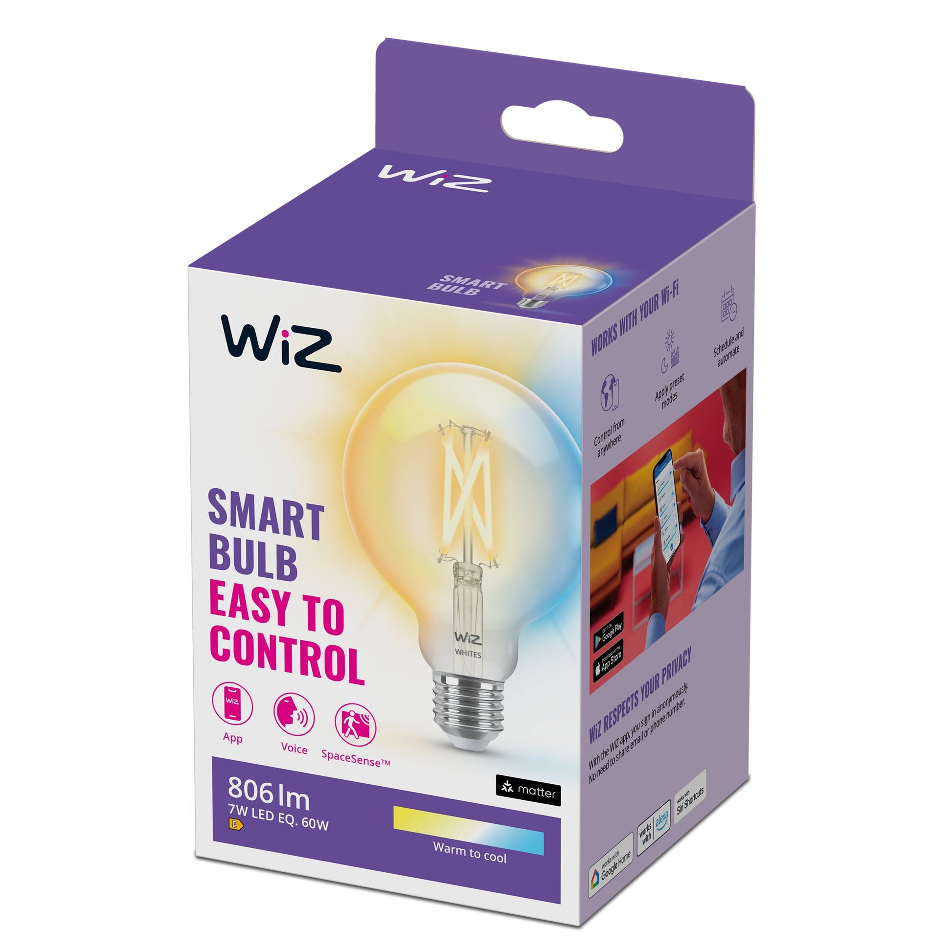 WiZ Klar Filament G95 Smart LED-pære E27, 806 lm, 7W, varm-til-kold lys, Wi-Fi/app/voice ikoner på lilla/hvid æske.