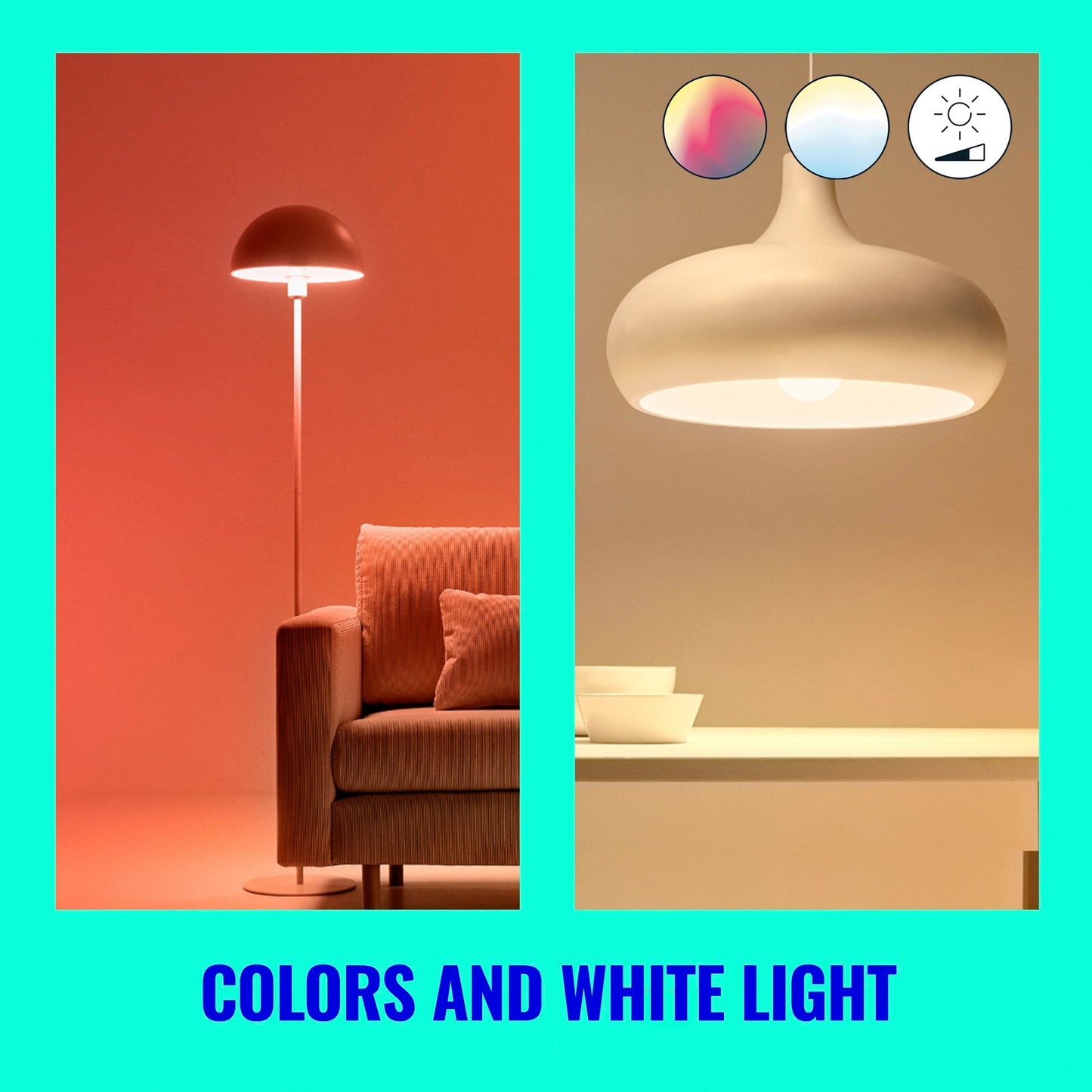Wiz Farve A60 Smart LED-pære E27 806 lm, lyser rød og hvid, Wi-Fi ikon for farvet og hvidt lys vises.