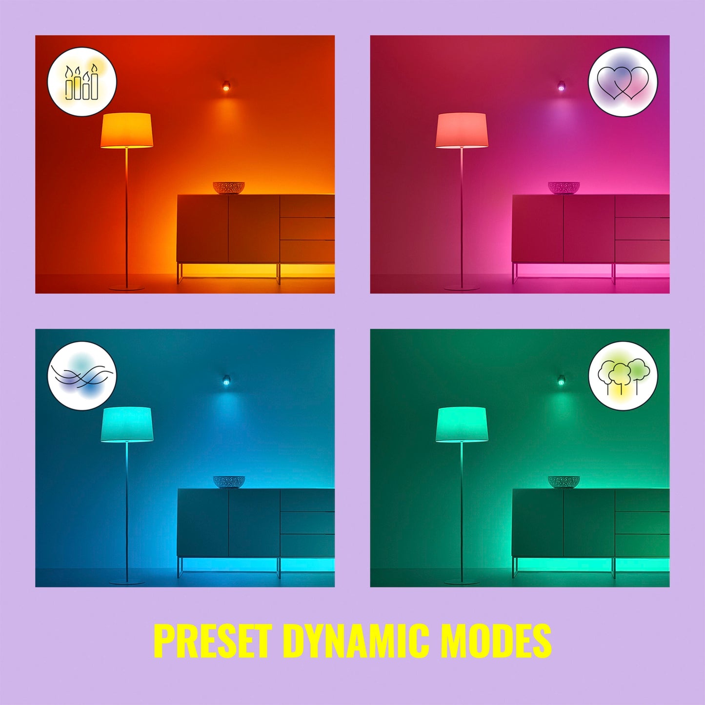 Wiz Farve A60 Smart LED-pære E27 806 lm, fire stemningsindstillinger, ikon for prædefinerede dynamiske tilstande, tekst: FORUDINDSTILLEDE DYNAMISKE TILSTANDE.