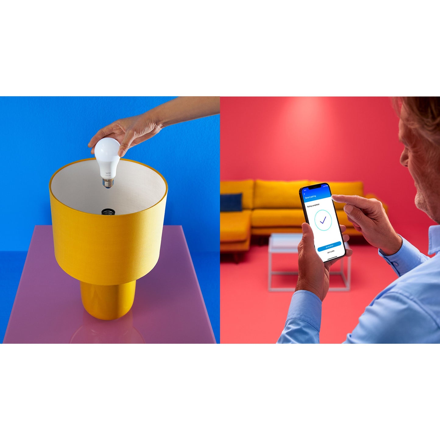 WiZ Farve A60 Smart LED-pære E27 806 lm installeres i gul lampe med app-styring synlig, pink vægge og gul sofa.