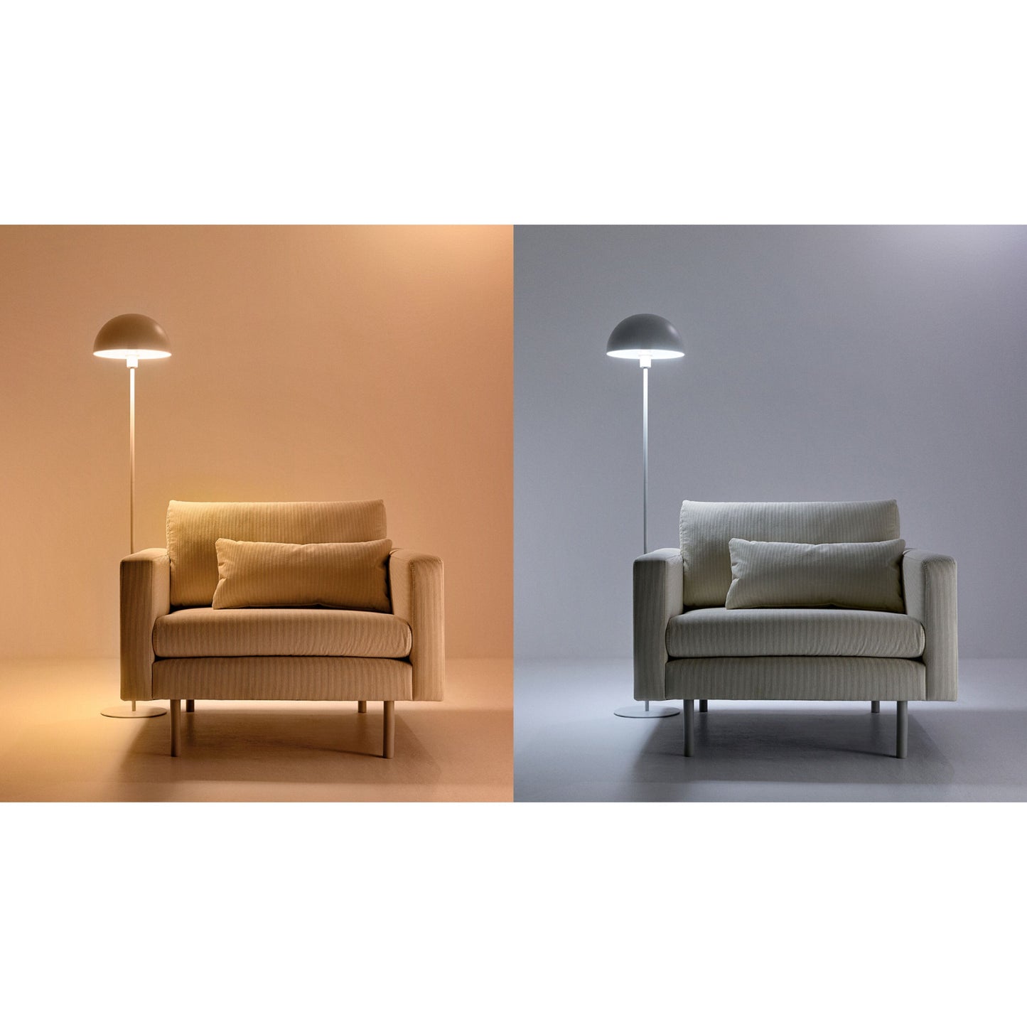 WiZ Farve A60 Smart LED-pære E27 806 lm med varm gul og kølig blå belysning, vist i gulvlampe ved stol.
