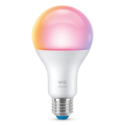 WiZ Farve A60 Smart LED-pære E27 806 lm, Wi-Fi, pink-orange-gul gradient, hvid sokkel med WiZ COLORS-logo.
