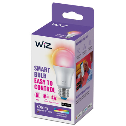 Wiz A60 Farve Smart LED-pære E27 806 lm, 8.5W, Wi-Fi, Matter, 16M farver, vises med app og stemmestyring på æsken.