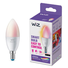 WiZ Farve C37 Smart LED-pære E14 470 lm ved lilla-hvid æske med info om app-styring, 16 mio. farver, smart-enheder.