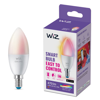 WiZ Farve C37 Smart LED-pære E14 470 lm ved lilla-hvid æske med info om app-styring, 16 mio. farver, smart-enheder.