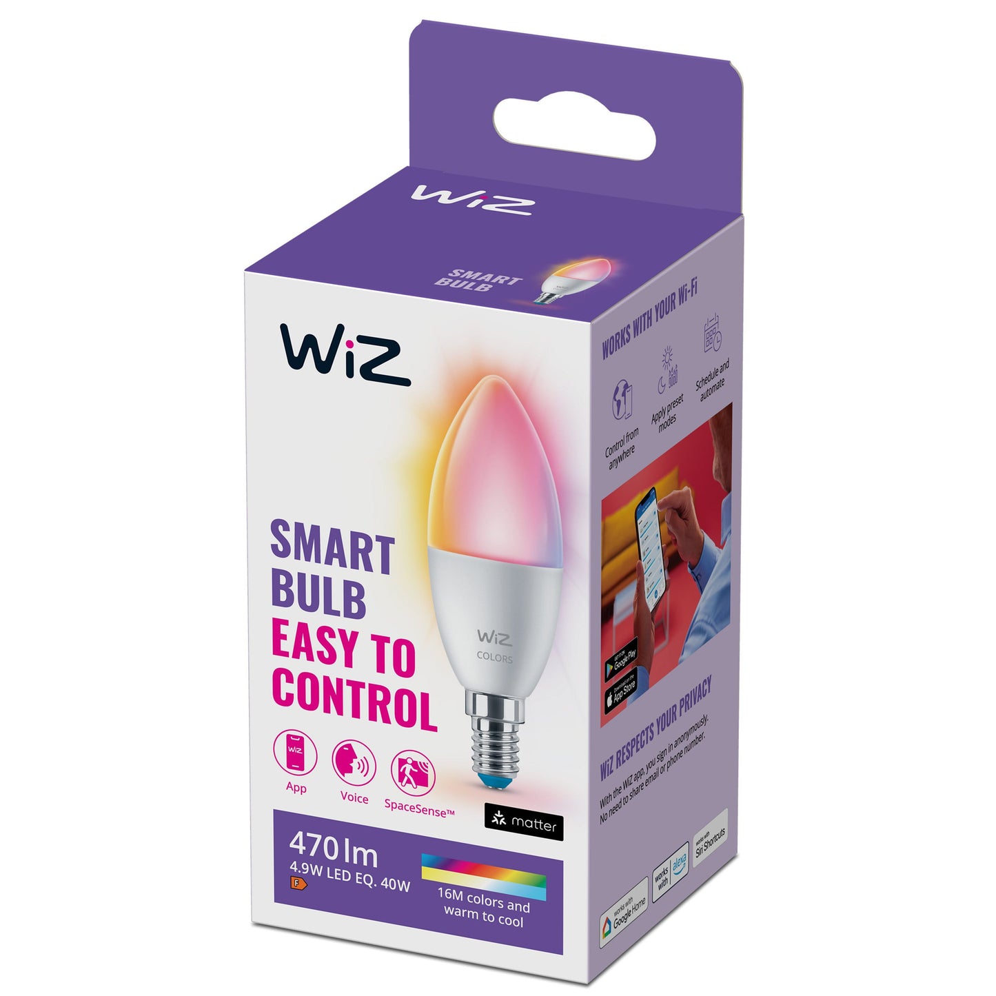 WiZ Farve C37 Smart LED-pære E14 470 lm, 16 millioner farver, Wi-Fi, Matter, SpaceSense, 4,9W ses på emballage.