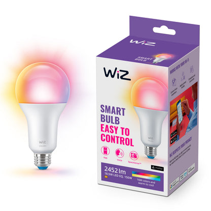 WiZ A80 Farve Høj Lumen Smart LED-pære E27 2452 lm, 18.5W, 150W EQ ved siden af æske med app- og stemmestyring.